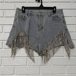 La’Ros Rhinestone Fringe Denim Shorts Size L Festival Western Glam